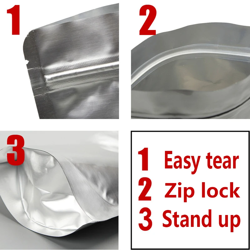 50шт aluminijske folije Pouchs Heat Seal Stand Up ZipLock Valve munja plastični malo pakiranje skladištenje vrećice čaja Maloprodaja izbjegavajte svjetlo
